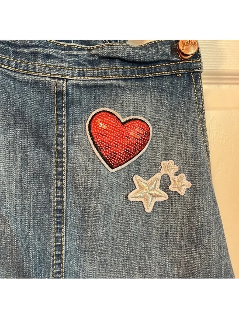 Girls Denim Overall Dress with Heart Patch - Blue